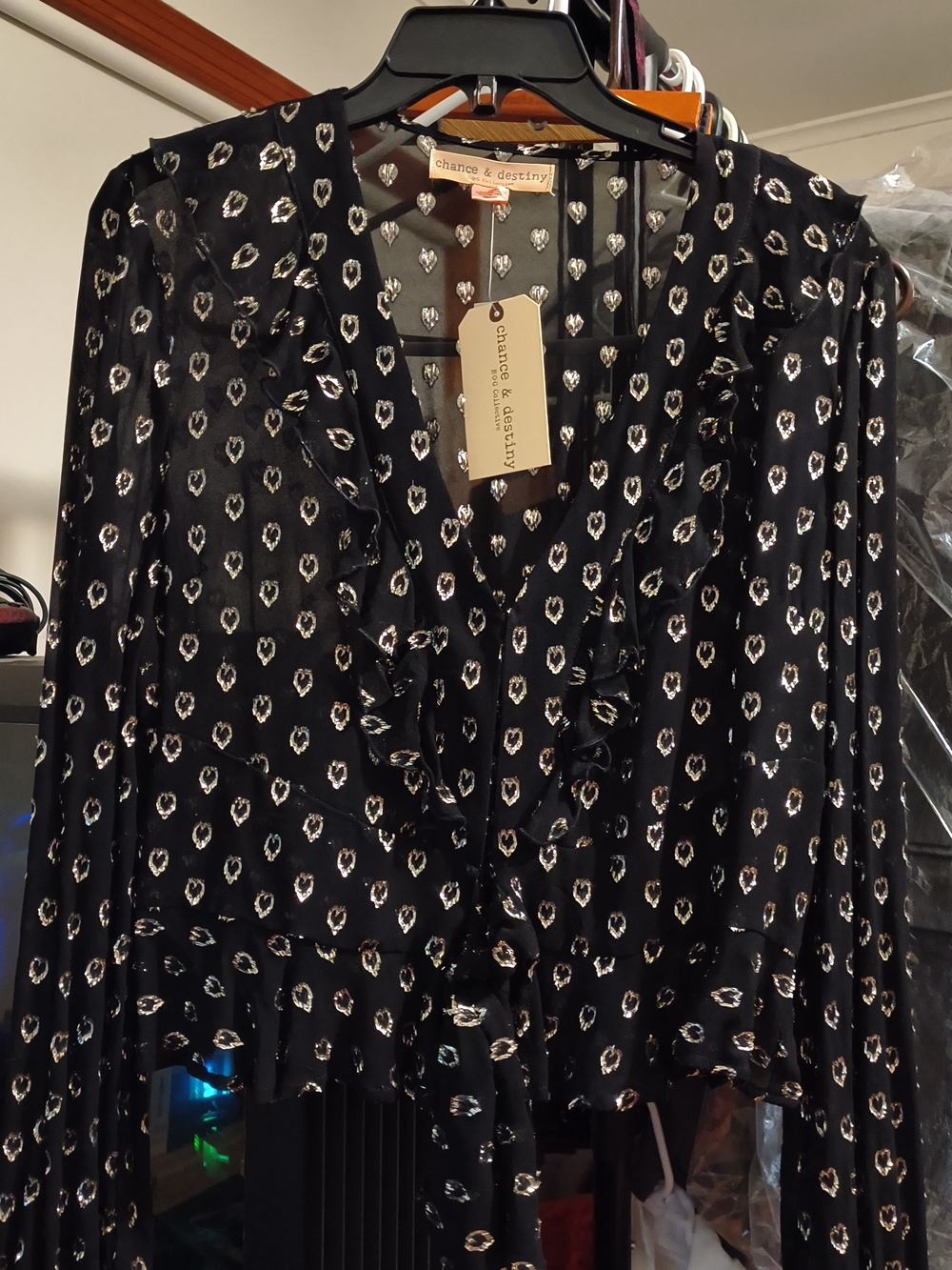 Chance & Destiny Sheer Black Ruffle Tie-Front Blouse with Metallic Heart Print